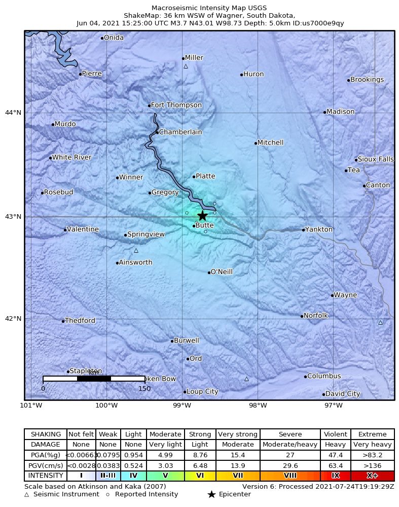USGS ShakeMap: estimated shaking intensity around the epicenter