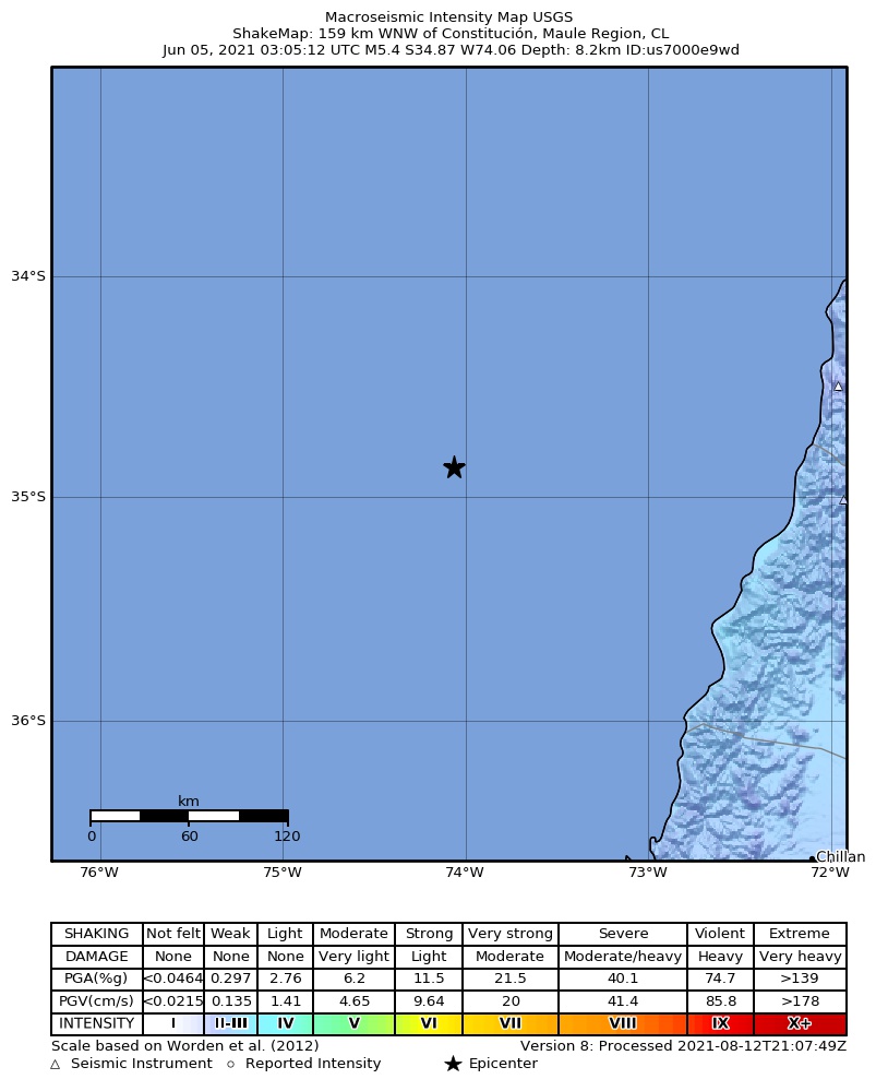 USGS ShakeMap: estimated shaking intensity around the epicenter