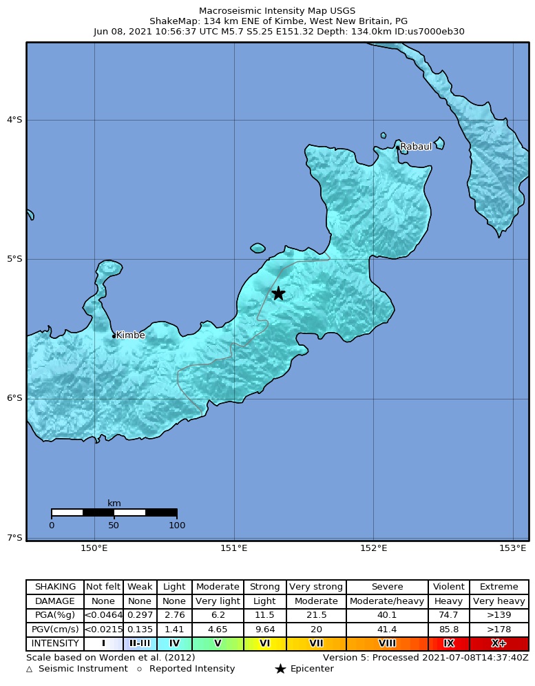 USGS ShakeMap intensity contours for the M5.7 earthquake near 134 km ENE of Kimbe, Papua New Guinea