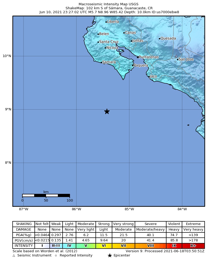 USGS ShakeMap intensity contours for the M5.7 earthquake near 102 km S of Sámara, Costa Rica