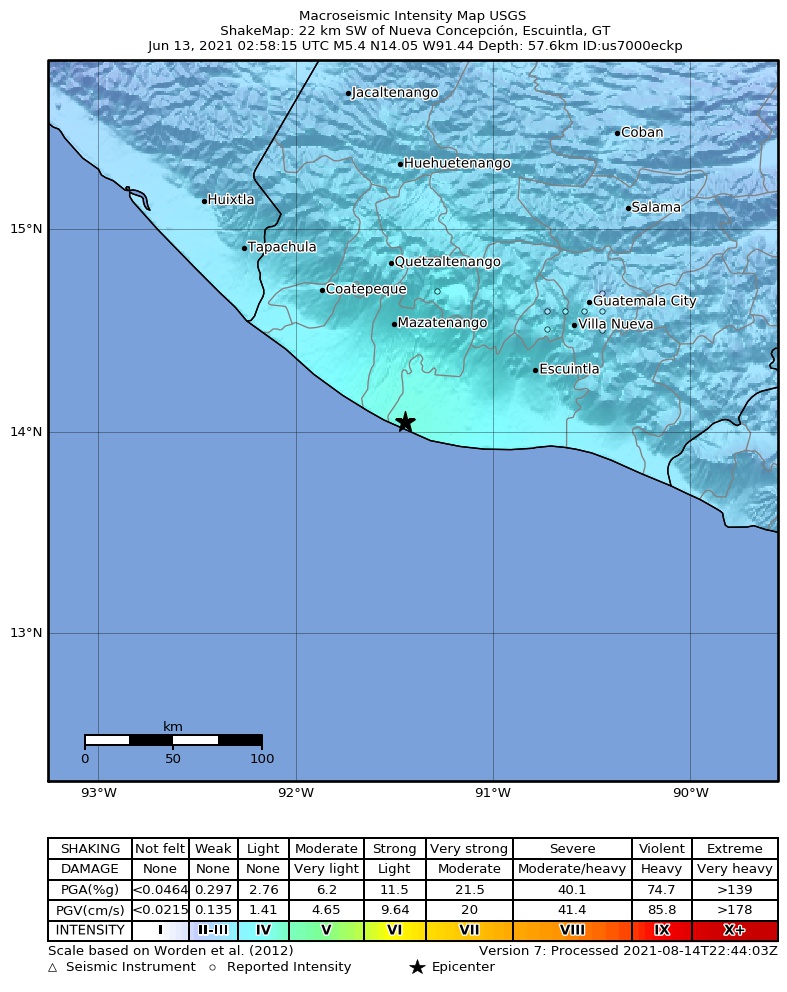 USGS ShakeMap intensity contours for the M5.4 earthquake near 22 km SW of Nueva Concepción, Guatemala