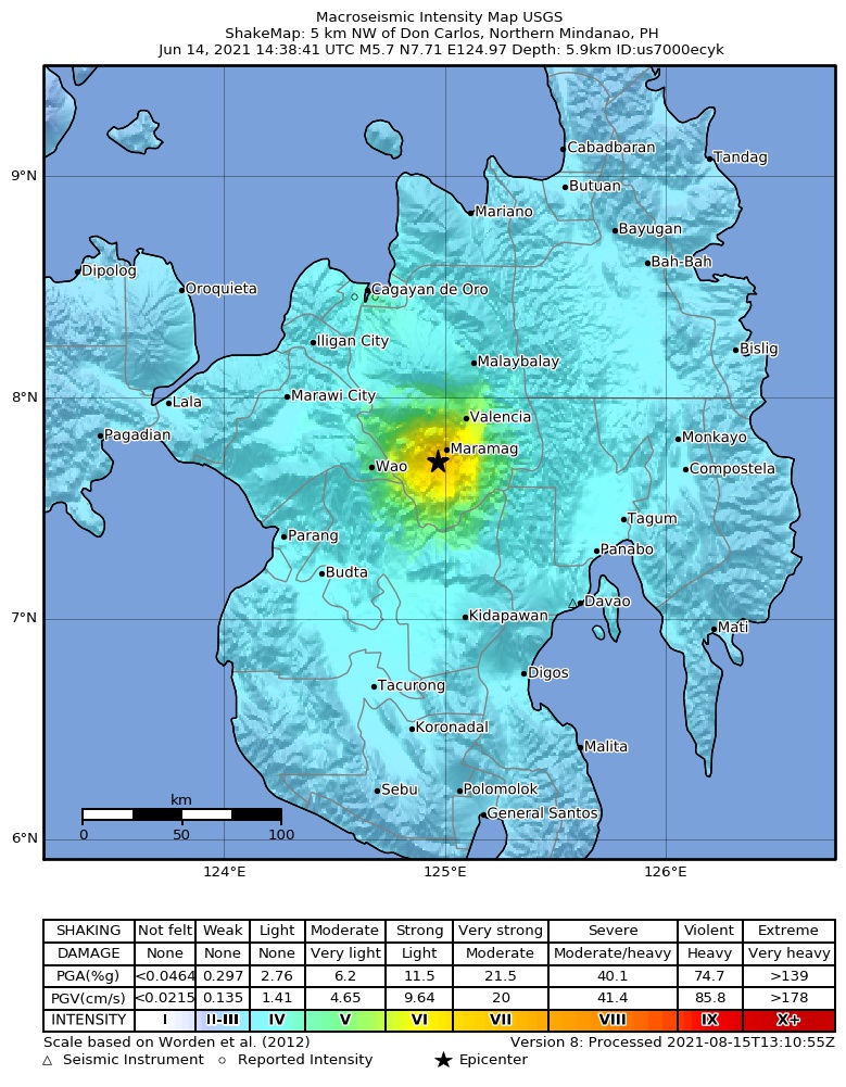 USGS ShakeMap intensity contours for the M5.7 earthquake near 5 km NW of Don Carlos, Philippines