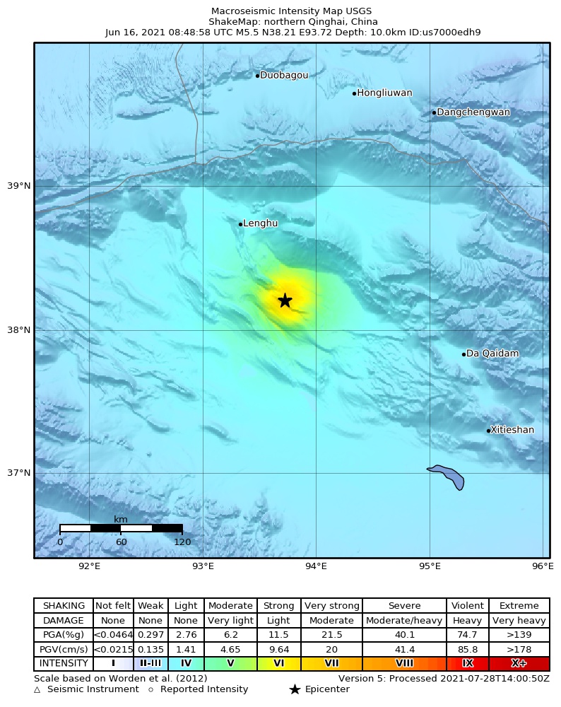 USGS ShakeMap intensity contours for the M5.5 earthquake near northern Qinghai, China