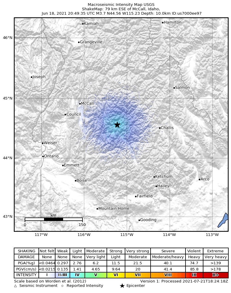 USGS ShakeMap intensity contours for the M3.7 earthquake near 44 km NNW of Stanley, Idaho