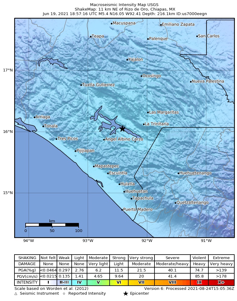 USGS ShakeMap intensity contours for the M5.4 earthquake near 11 km NE of Rizo de Oro, Mexico
