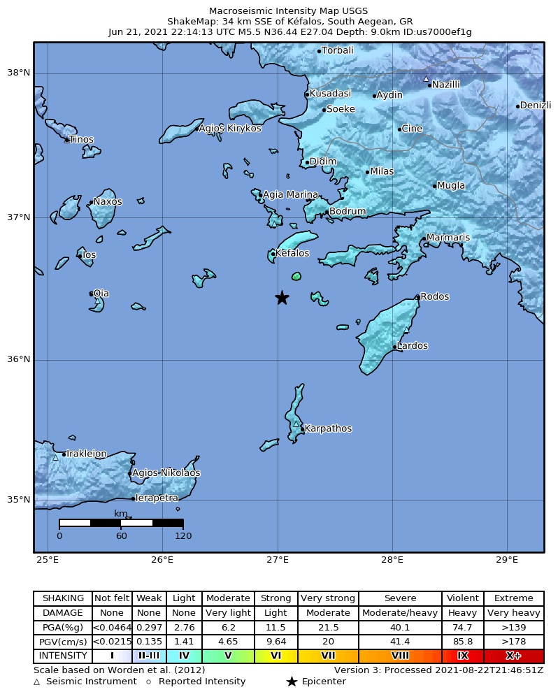 USGS ShakeMap intensity contours for the M5.5 earthquake near 20 km SSW of Mandráki, Greece