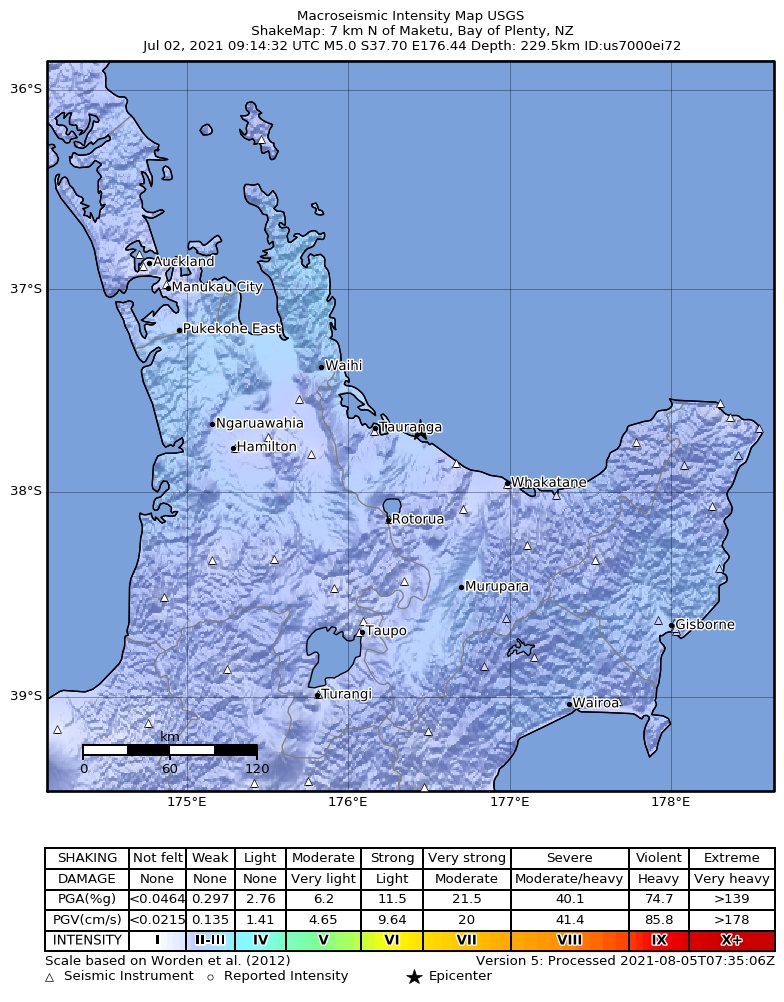 USGS ShakeMap intensity contours for the M5.0 earthquake near 7 km N of Maketu, New Zealand