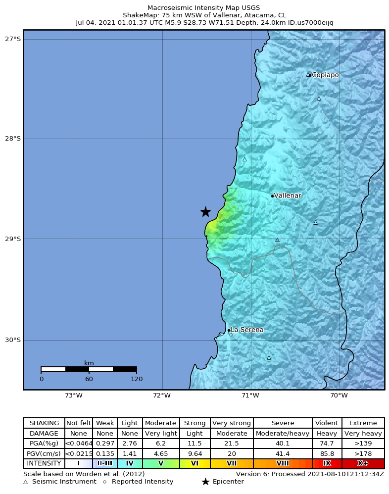 USGS ShakeMap intensity contours for the M5.9 earthquake near 75 km WSW of Vallenar, Chile
