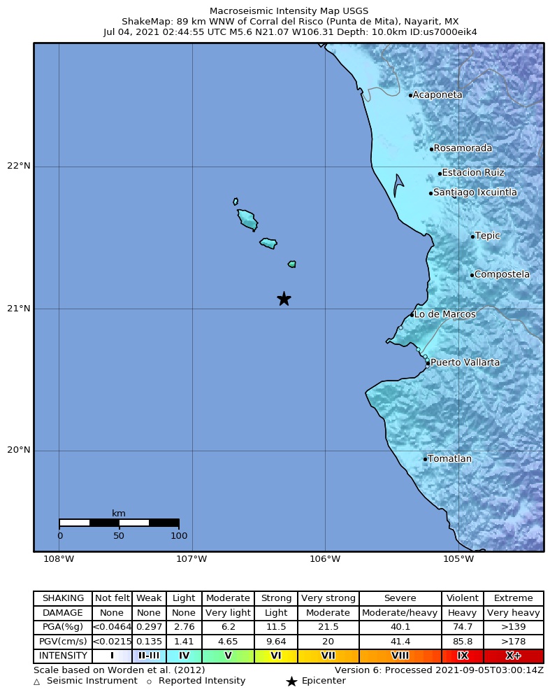 USGS ShakeMap intensity contours for the M5.6 earthquake near 89 km WNW of Corral del Risco (Punta de Mita), Mexico