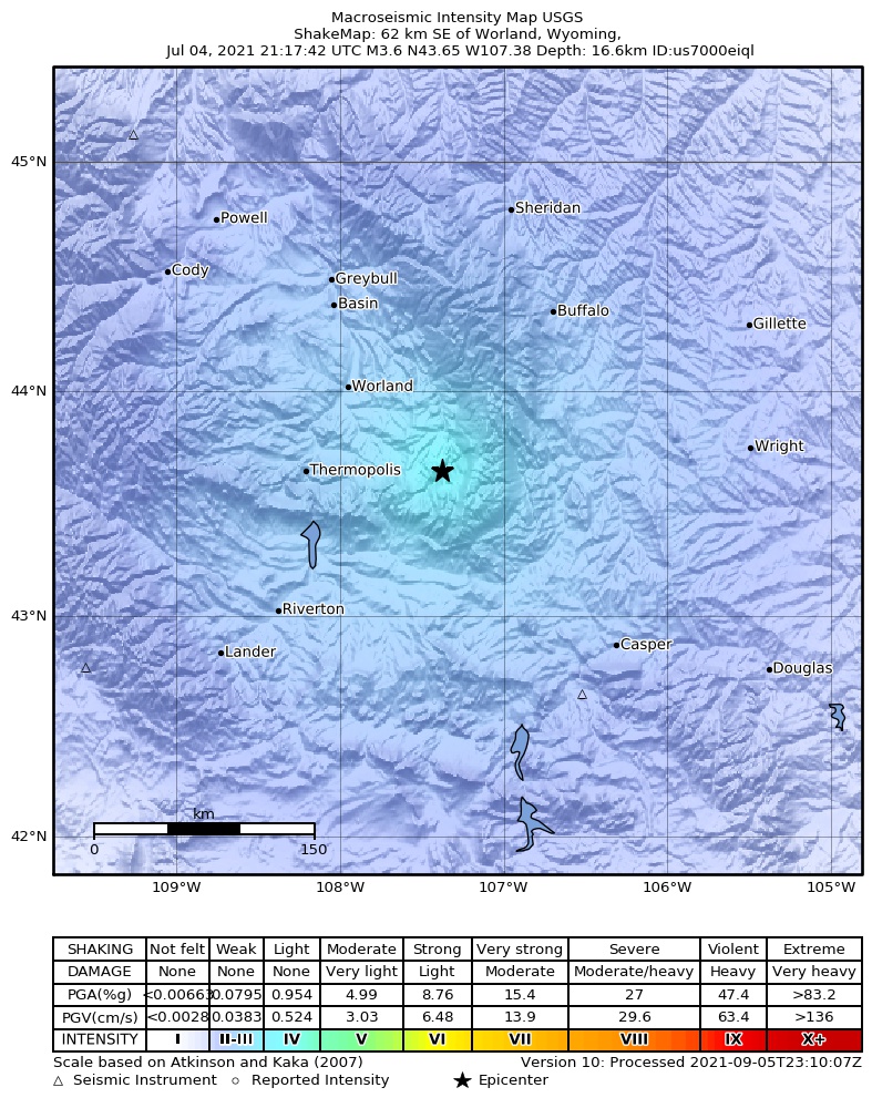 USGS ShakeMap intensity contours for the M3.6 earthquake near 43 km S of Ten Sleep, Wyoming
