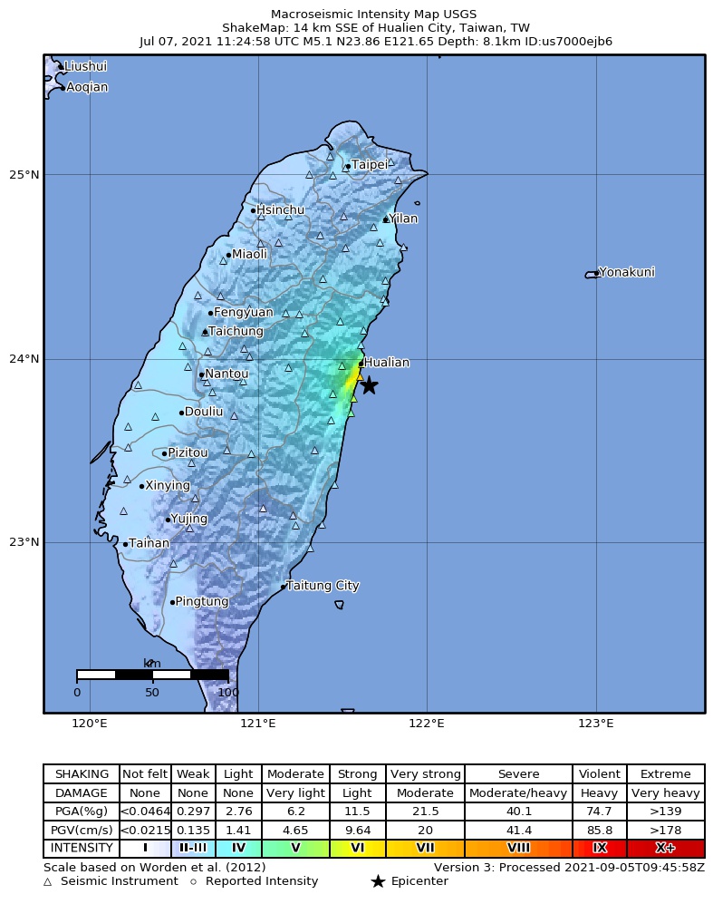 USGS ShakeMap intensity contours for the M5.1 earthquake near 14 km SSE of Hualien City, Taiwan