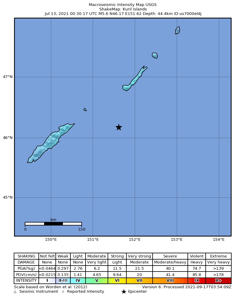 USGS ShakeMap intensity contours for the M5.6 earthquake near Kuril Islands