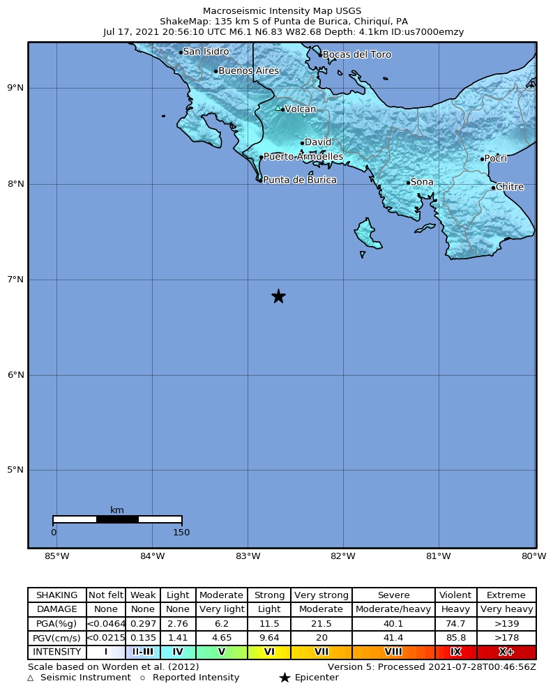 USGS ShakeMap intensity contours for the M6.1 earthquake near 135 km S of Burica, Panama