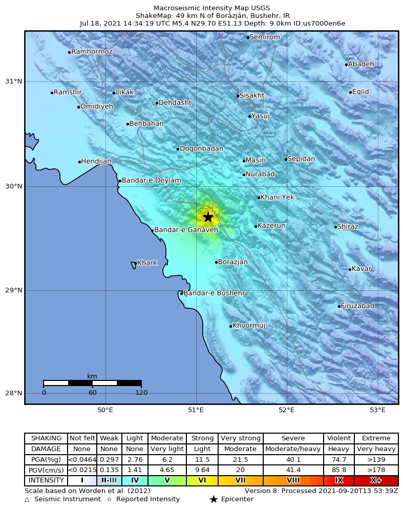 USGS ShakeMap intensity contours for the M5.4 earthquake near 49 km N of Bor?zj?n, Iran