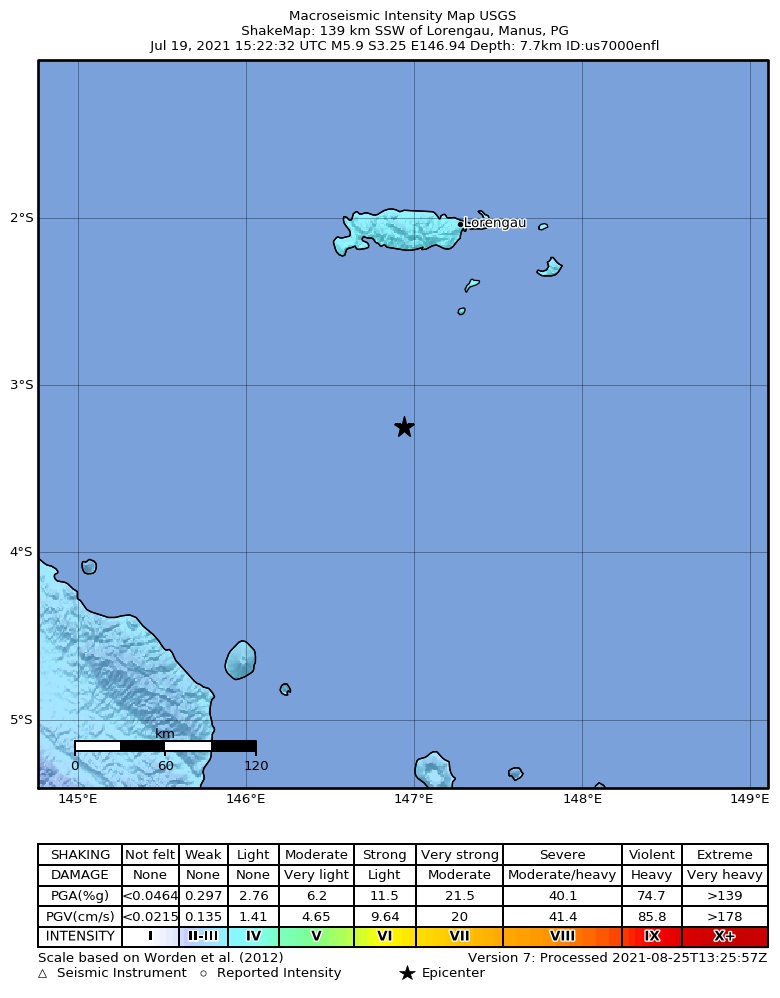 USGS ShakeMap intensity contours for the M5.9 earthquake near 139 km SSW of Lorengau, Papua New Guinea