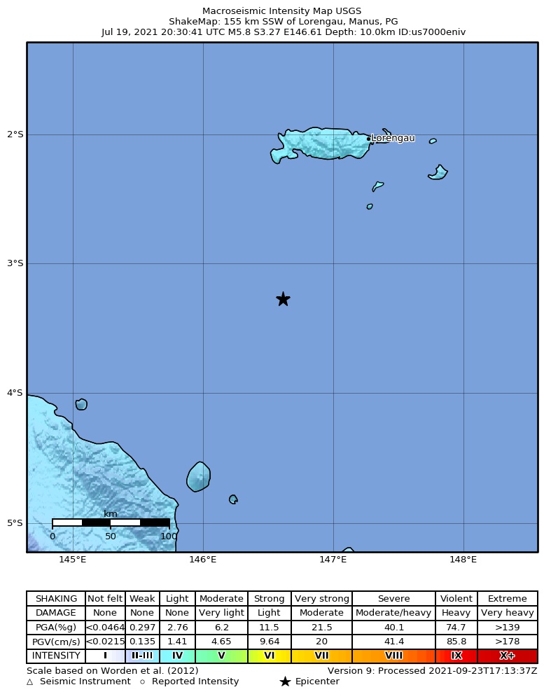USGS ShakeMap intensity contours for the M5.8 earthquake near 155 km SSW of Lorengau, Papua New Guinea