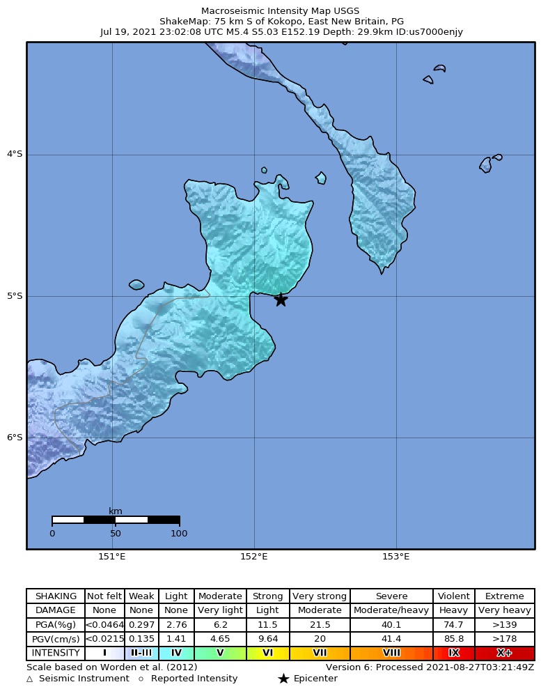 USGS ShakeMap intensity contours for the M5.4 earthquake near 75 km S of Kokopo, Papua New Guinea