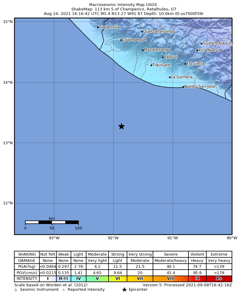 USGS ShakeMap intensity contours for the M5.4 earthquake near 113 km S of Champerico, Guatemala