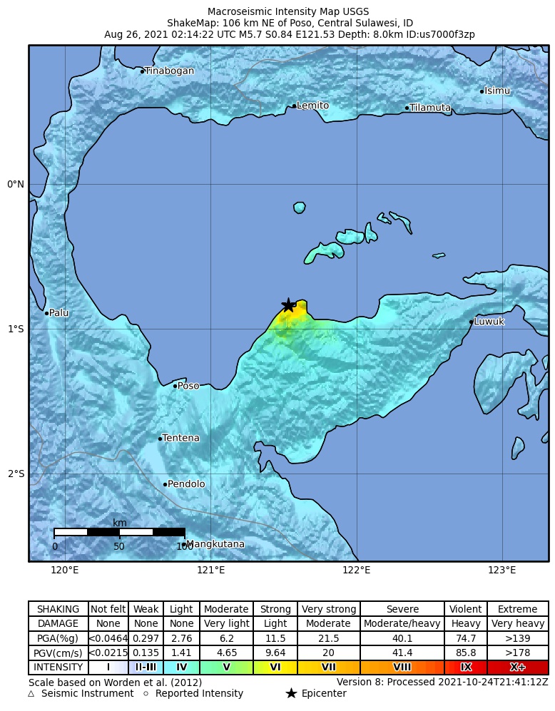 USGS ShakeMap intensity contours for the M5.7 earthquake near 106 km NE of Poso, Indonesia