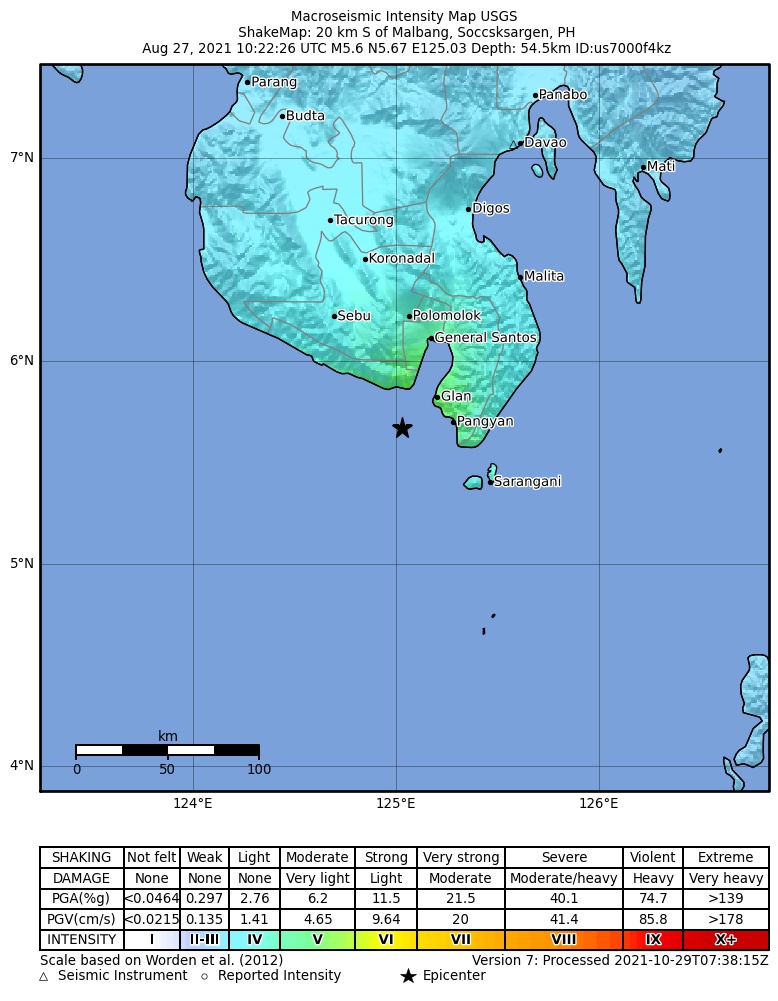 USGS ShakeMap intensity contours for the M5.6 earthquake near 20 km S of Malbang, Philippines