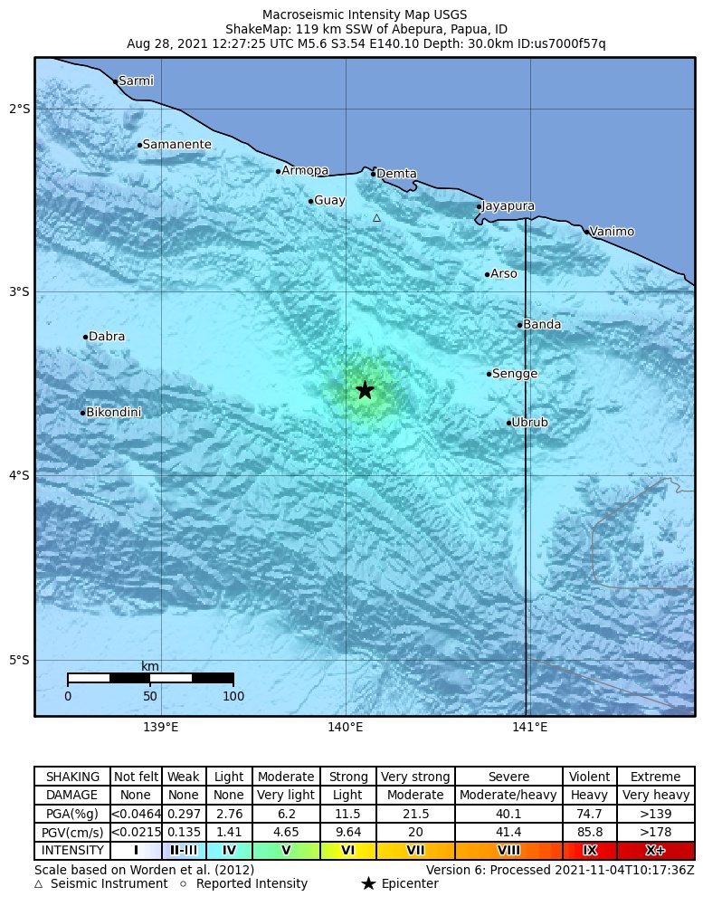 USGS ShakeMap intensity contours for the M5.6 earthquake near 119 km SSW of Abepura, Indonesia