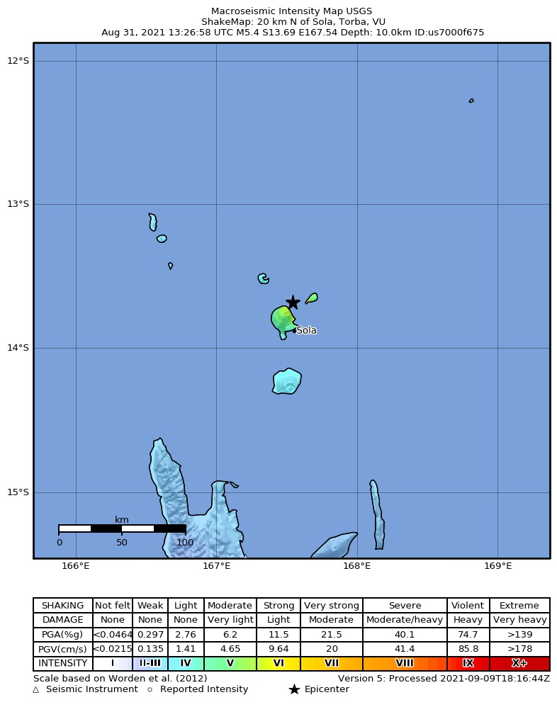 USGS ShakeMap intensity contours for the M5.4 earthquake near 20 km N of Sola, Vanuatu