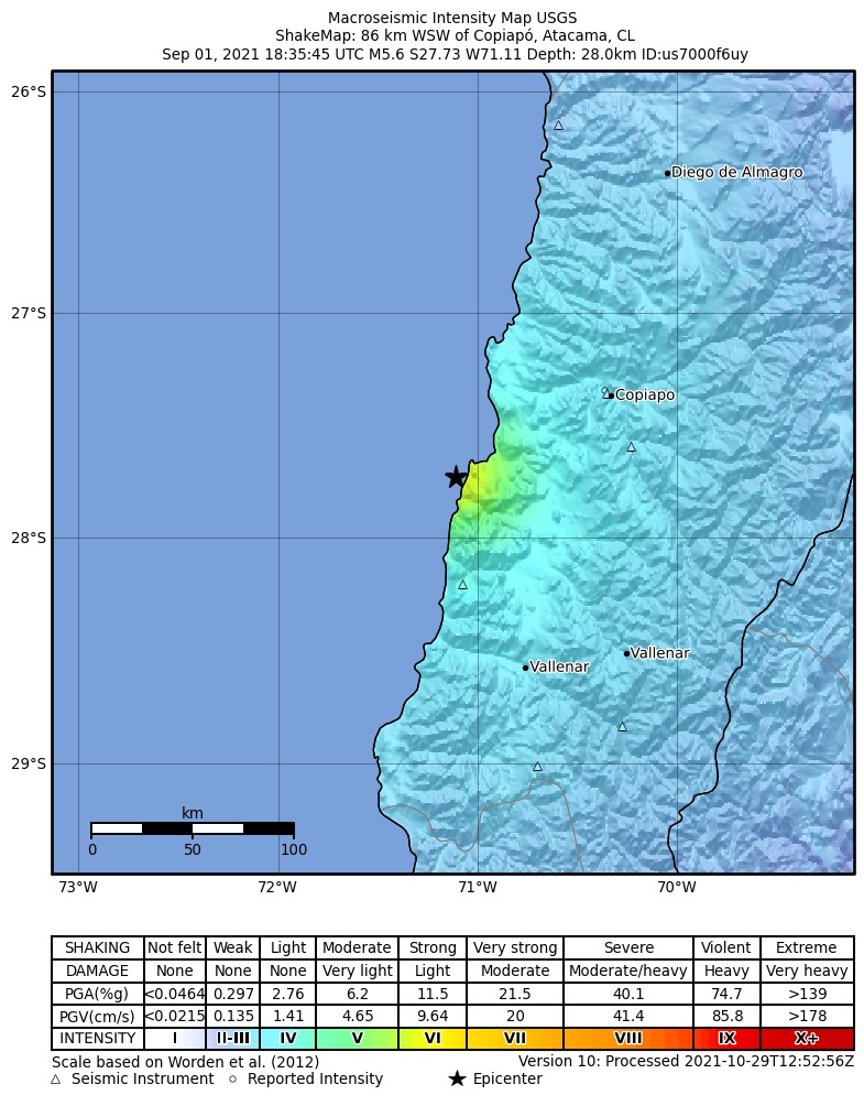 USGS ShakeMap intensity contours for the M5.6 earthquake near 86 km WSW of Copiapó, Chile