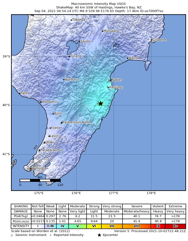 USGS ShakeMap intensity contours for the M4.9 earthquake near 40 km SSW of Hastings, New Zealand