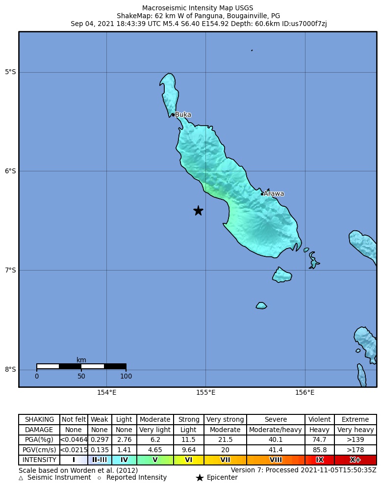 USGS ShakeMap intensity contours for the M5.4 earthquake near 62 km W of Panguna, Papua New Guinea