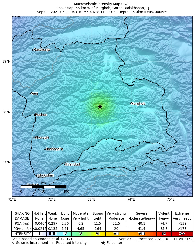 USGS ShakeMap intensity contours for the M5.4 earthquake near 66 km W of Murghob, Tajikistan