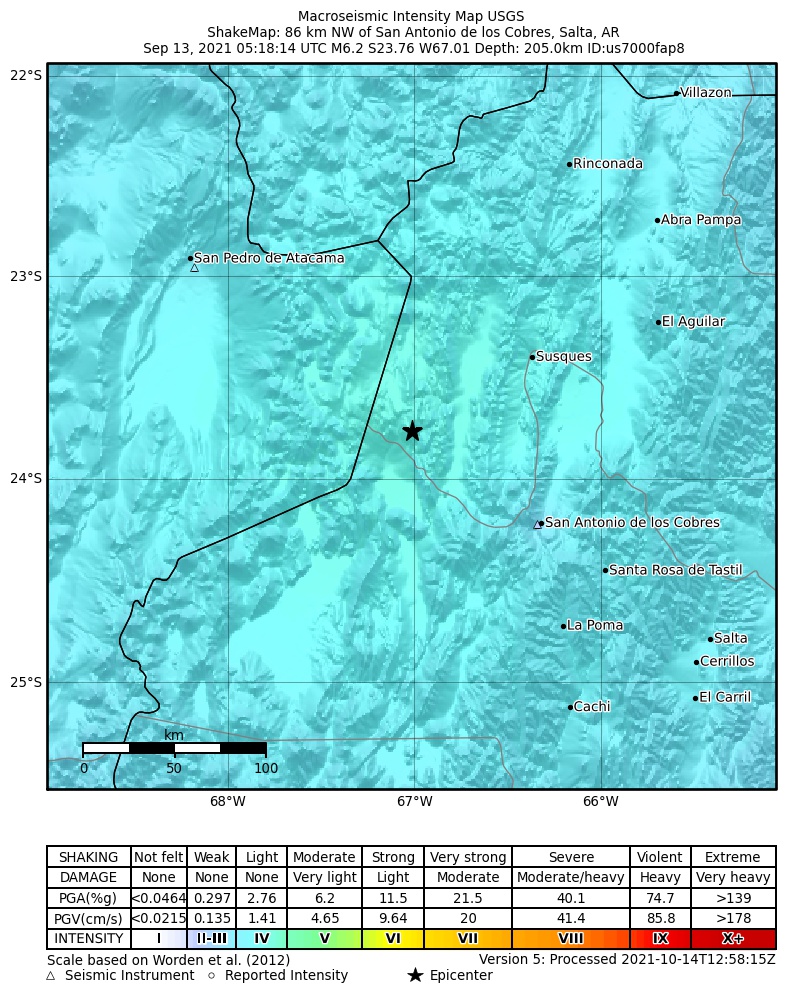 USGS ShakeMap intensity contours for the M6.2 earthquake near 86 km NW of San Antonio de los Cobres, Argentina
