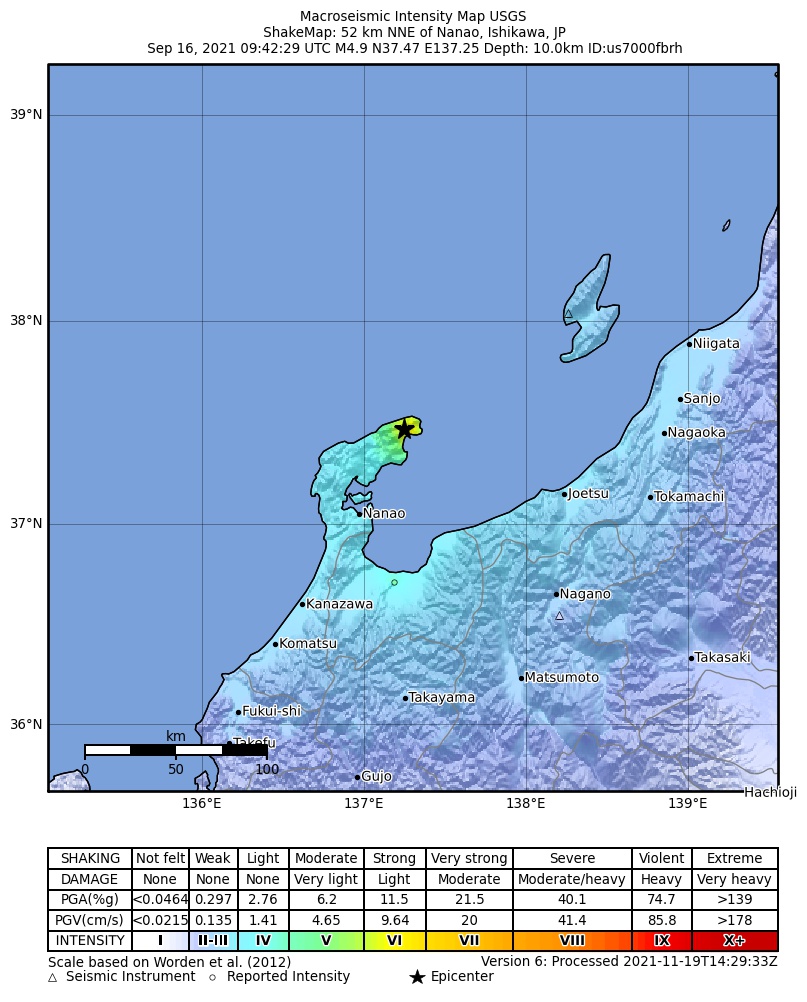 USGS ShakeMap intensity contours for the M4.9 earthquake near 52 km NNE of Nanao, Japan