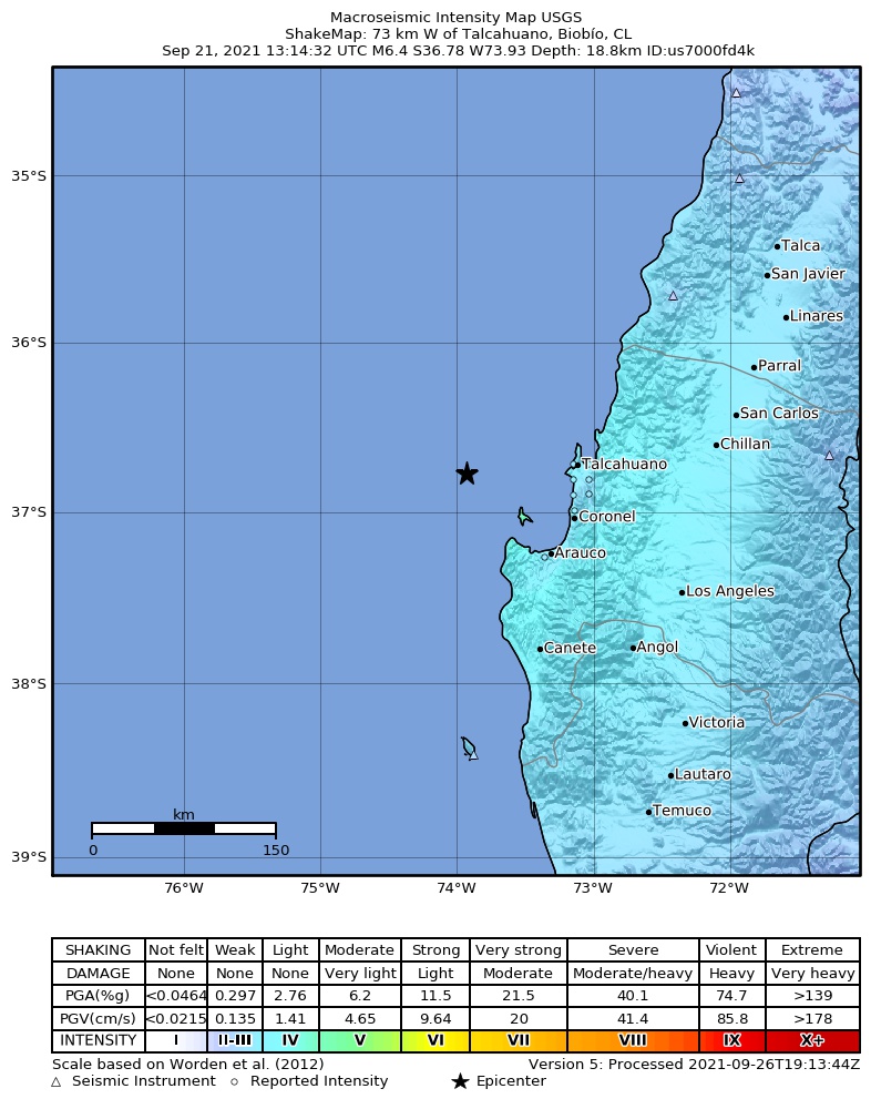 USGS ShakeMap intensity contours for the M6.4 earthquake near 73 km W of Talcahuano, Chile