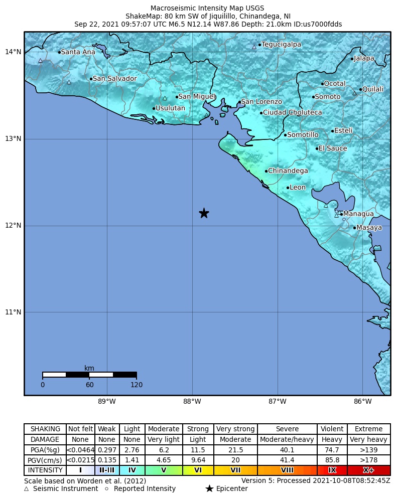 USGS ShakeMap intensity contours for the M6.5 earthquake near 80 km SW of Jiquilillo, Nicaragua
