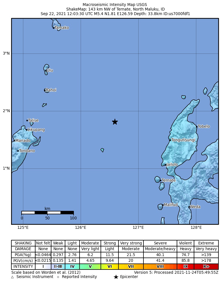 USGS ShakeMap intensity contours for the M5.4 earthquake near 143 km NW of Ternate, Indonesia