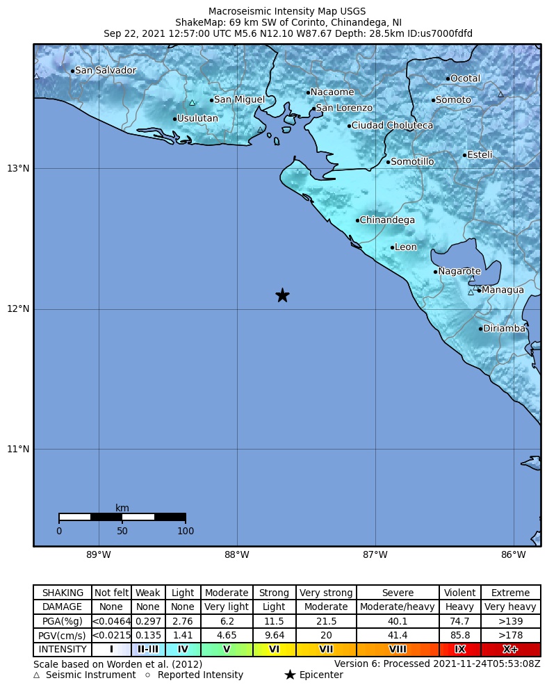USGS ShakeMap intensity contours for the M5.6 earthquake near 69 km SW of Corinto, Nicaragua
