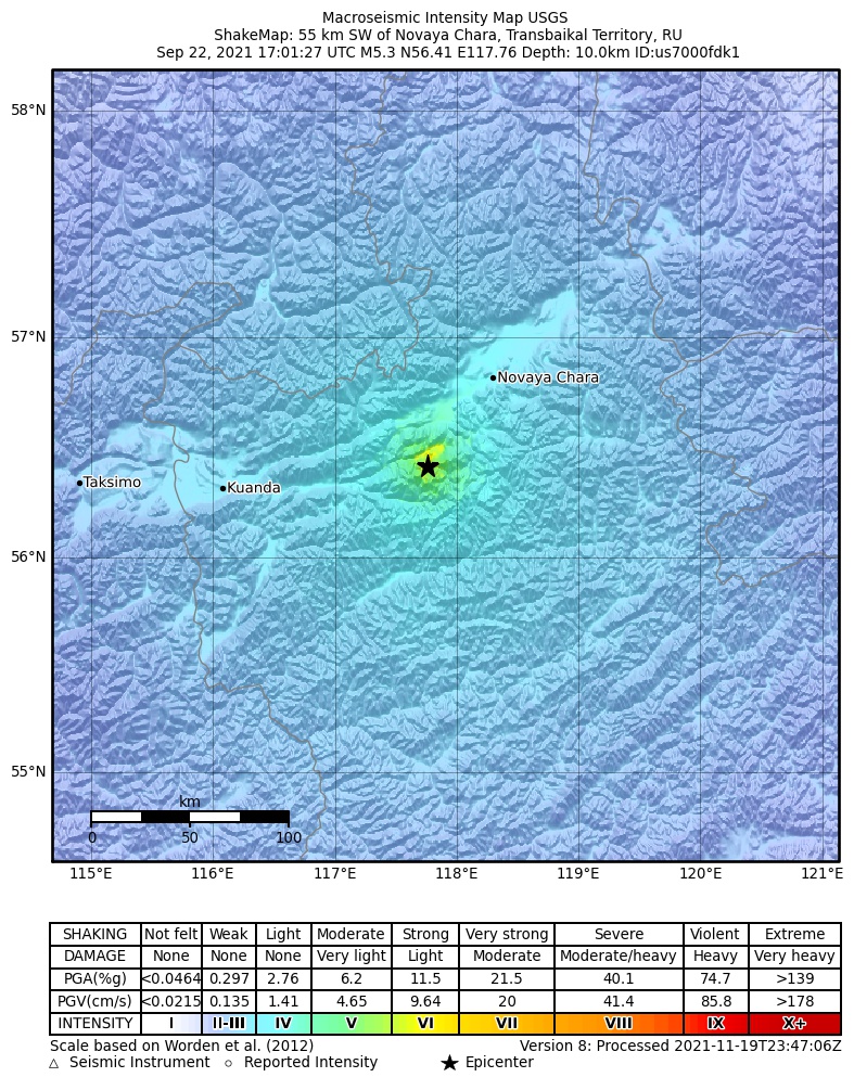 USGS ShakeMap intensity contours for the M5.3 earthquake near 55 km SW of Novaya Chara, Russia
