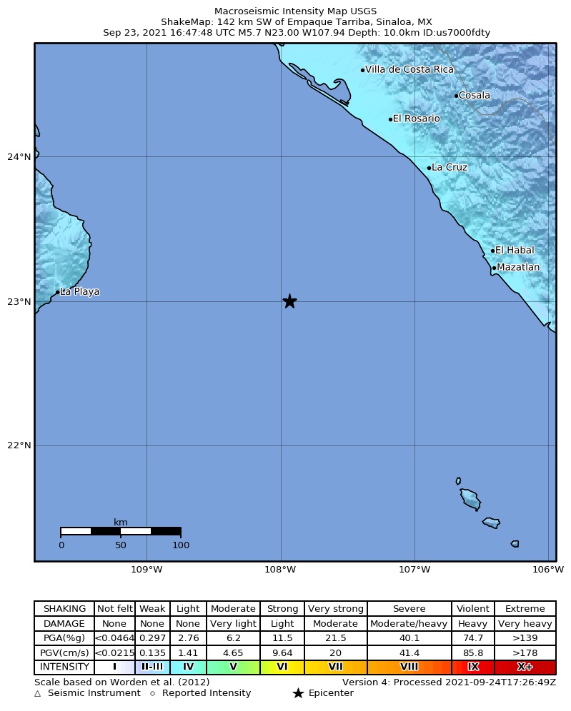 USGS ShakeMap intensity contours for the M5.7 earthquake near 140 km SW of Empaque Tarriba, Mexico