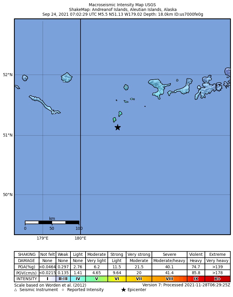 USGS ShakeMap intensity contours for the M5.5 earthquake near 185 km WSW of Adak, Alaska