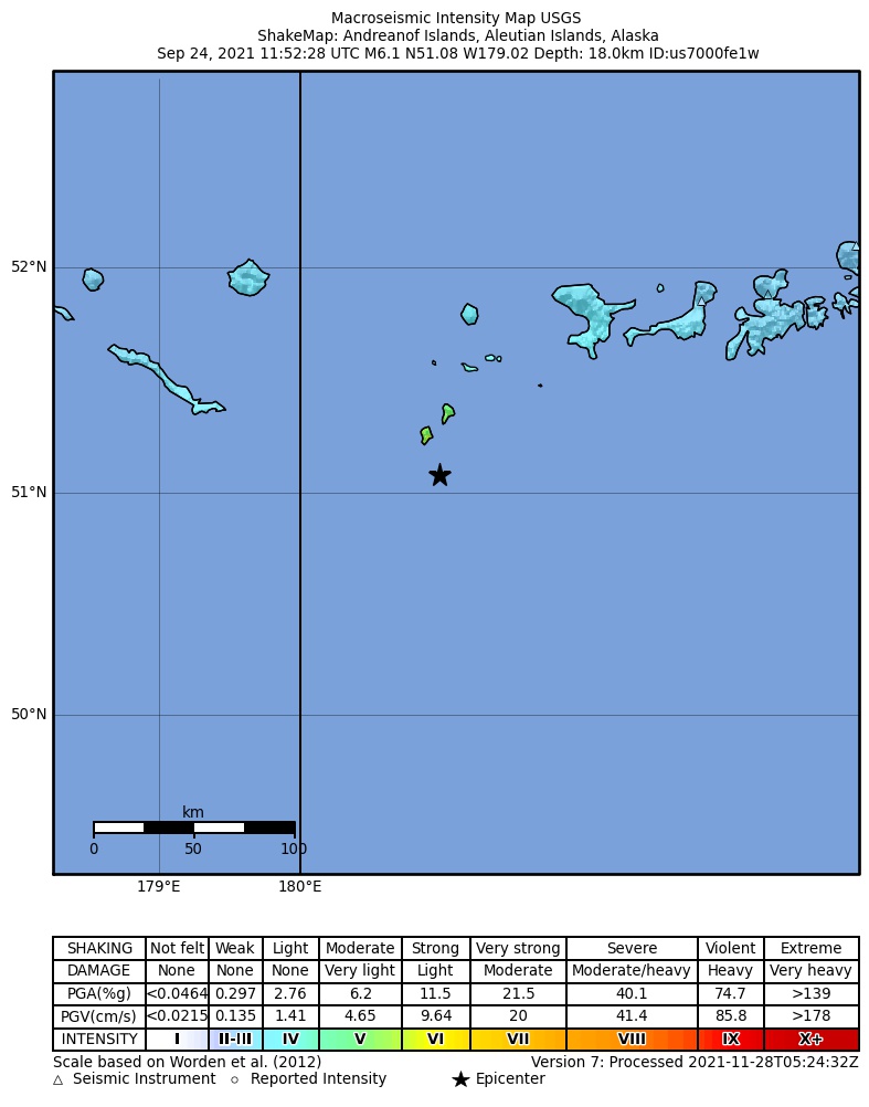 USGS ShakeMap intensity contours for the M6.1 earthquake near 187 km WSW of Adak, Alaska