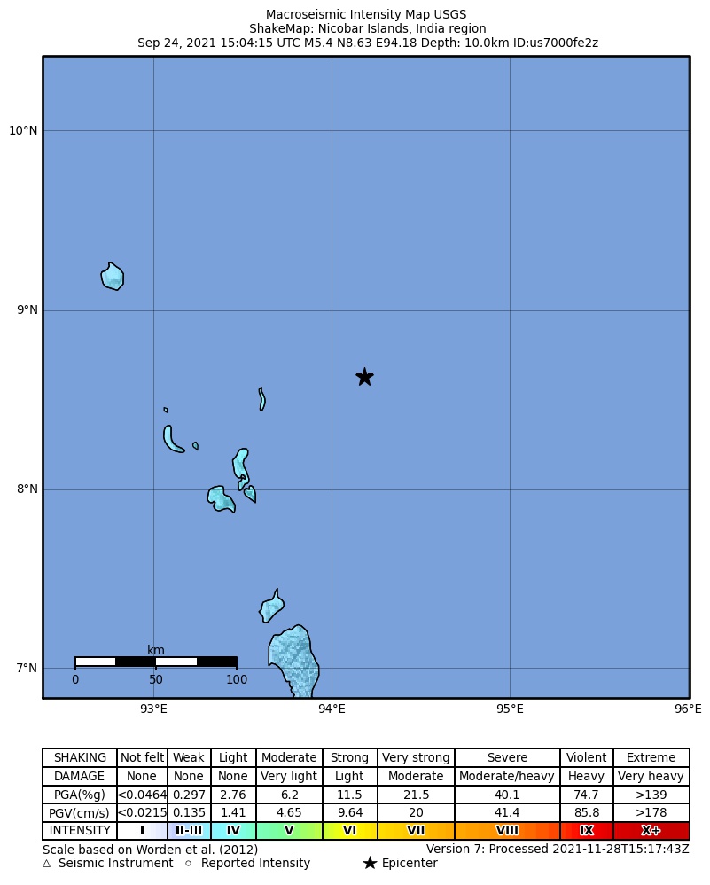 USGS ShakeMap intensity contours for the M5.4 earthquake near Nicobar Islands, India region