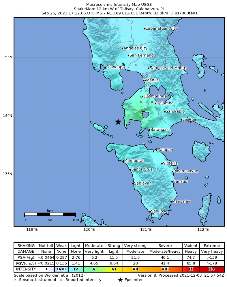USGS ShakeMap intensity contours for the M5.7 earthquake near 12 km W of Talisay, Philippines