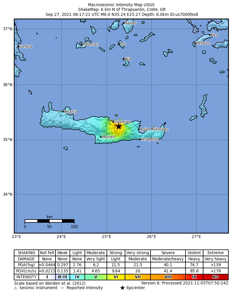 USGS ShakeMap intensity contours for the M6.0 earthquake near 6 km N of Thrapsanón, Greece