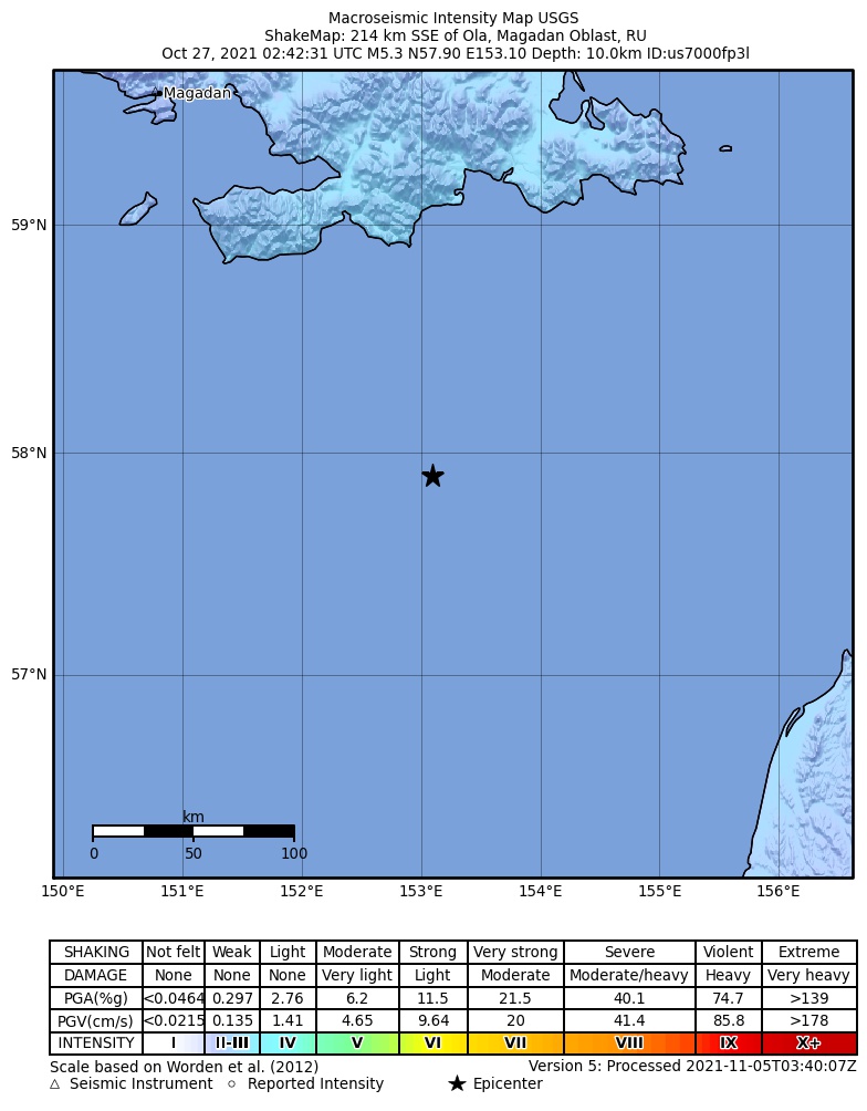 USGS ShakeMap intensity contours for the M4.9 earthquake near 214 km SSE of Ola, Russia