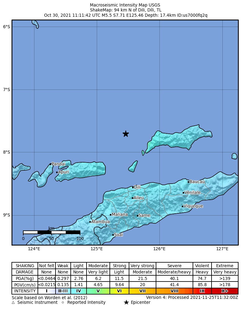 USGS ShakeMap intensity contours for the M5.5 earthquake near 94 km N of Dili, Timor Leste