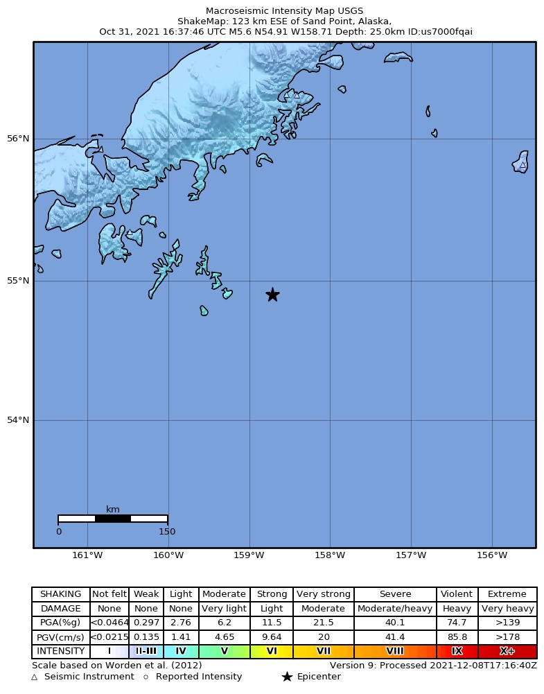USGS ShakeMap intensity contours for the M5.6 earthquake near 115 km SSE of Perryville, Alaska
