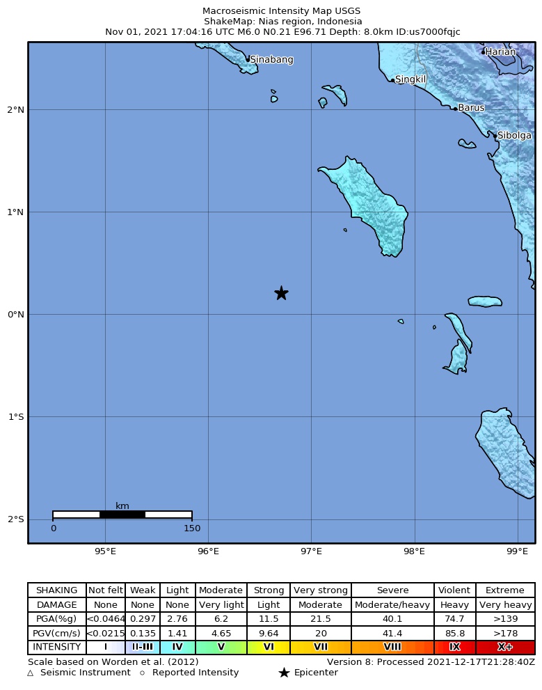 USGS ShakeMap intensity contours for the M6.0 earthquake near 253 km S of Sinabang, Indonesia