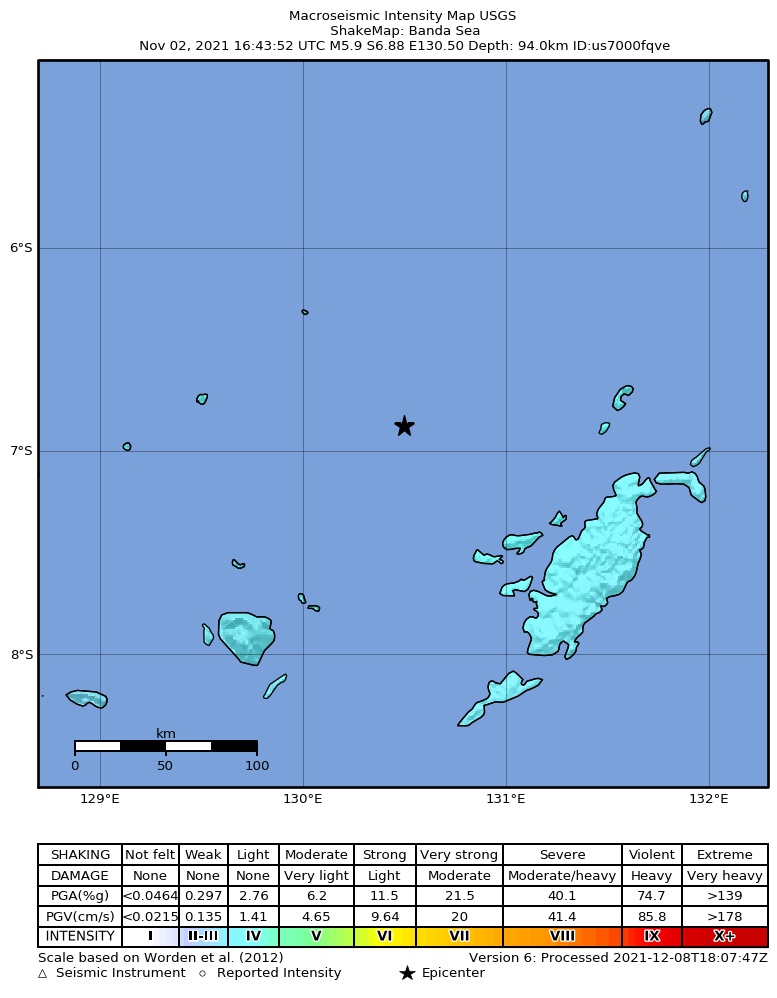 USGS ShakeMap intensity contours for the M5.9 earthquake near 285 km WSW of Tual, Indonesia