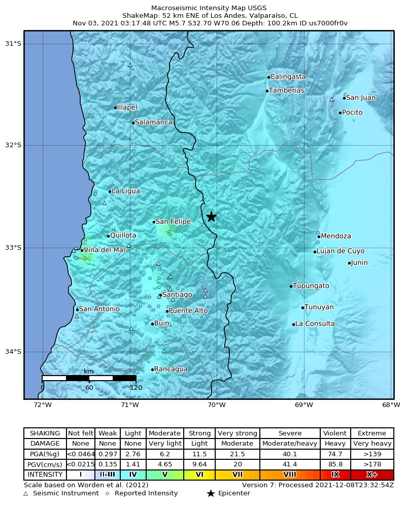 USGS ShakeMap intensity contours for the M5.7 earthquake near Chile-Argentina border region
