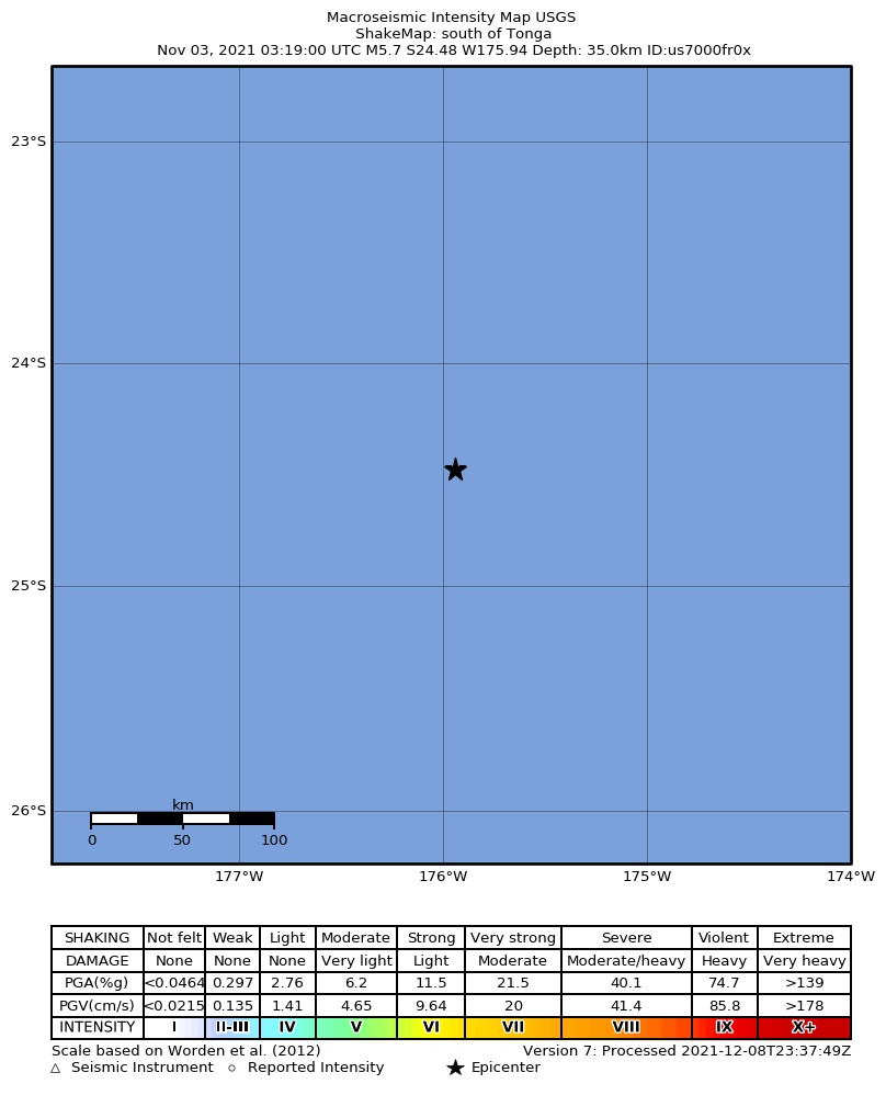 USGS ShakeMap intensity contours for the M5.7 earthquake near south of Tonga